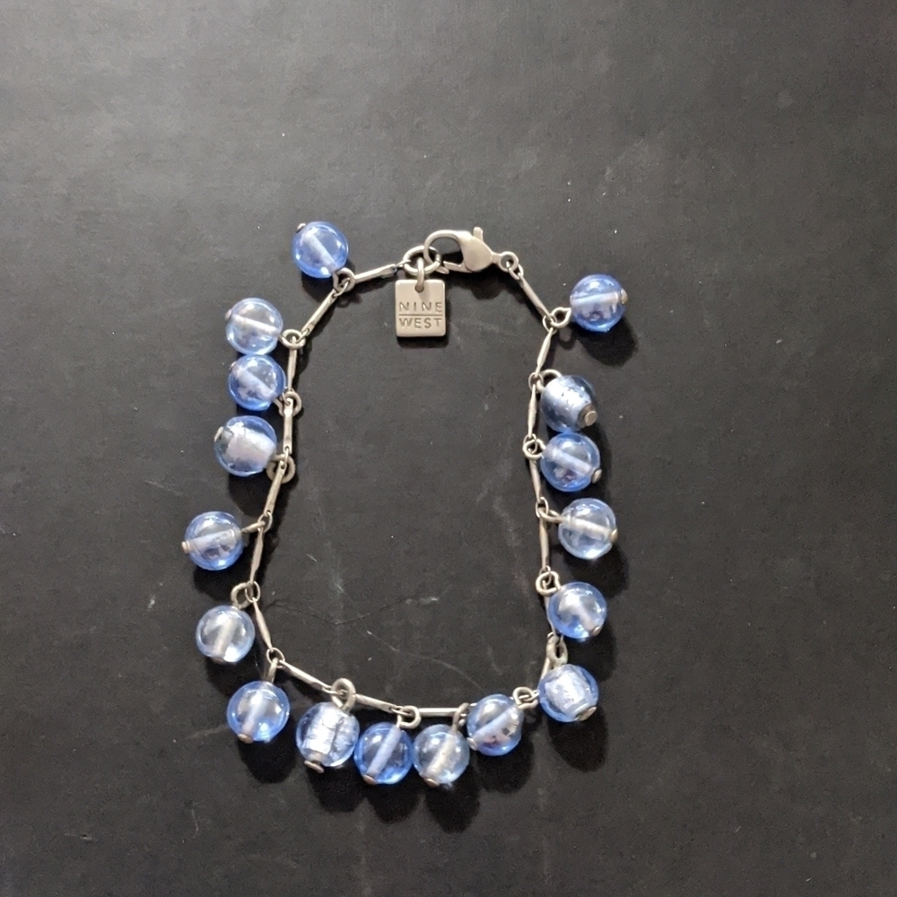 Nine West Silver Tone Blue Beaded Statement Bracelet